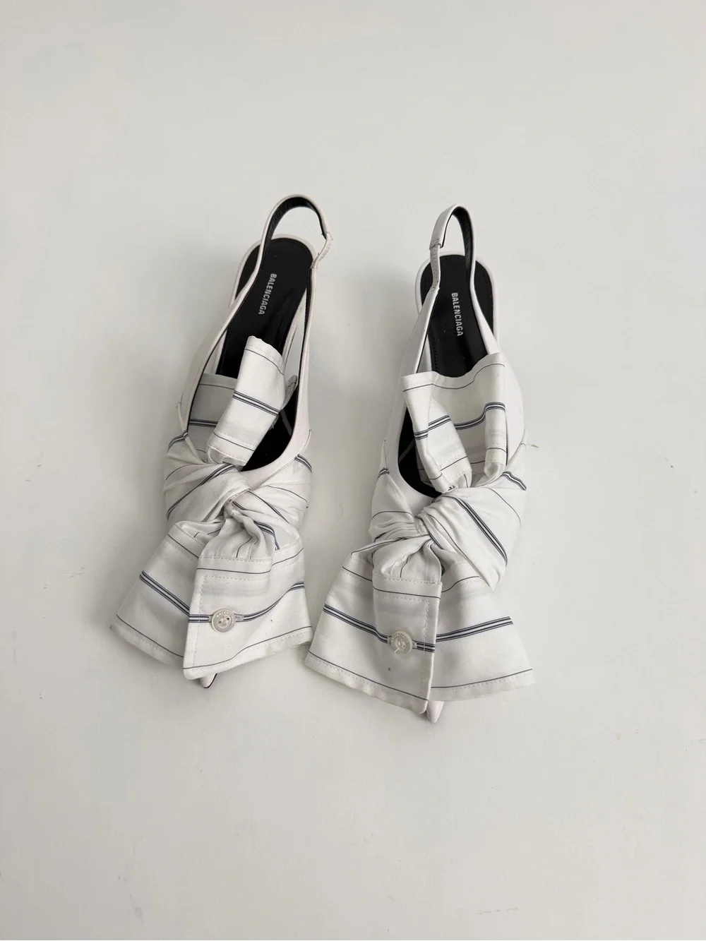 Balenciaga Nappa Stripe Poplin Knife Slingback Pumps With Bow And Sleeves 36